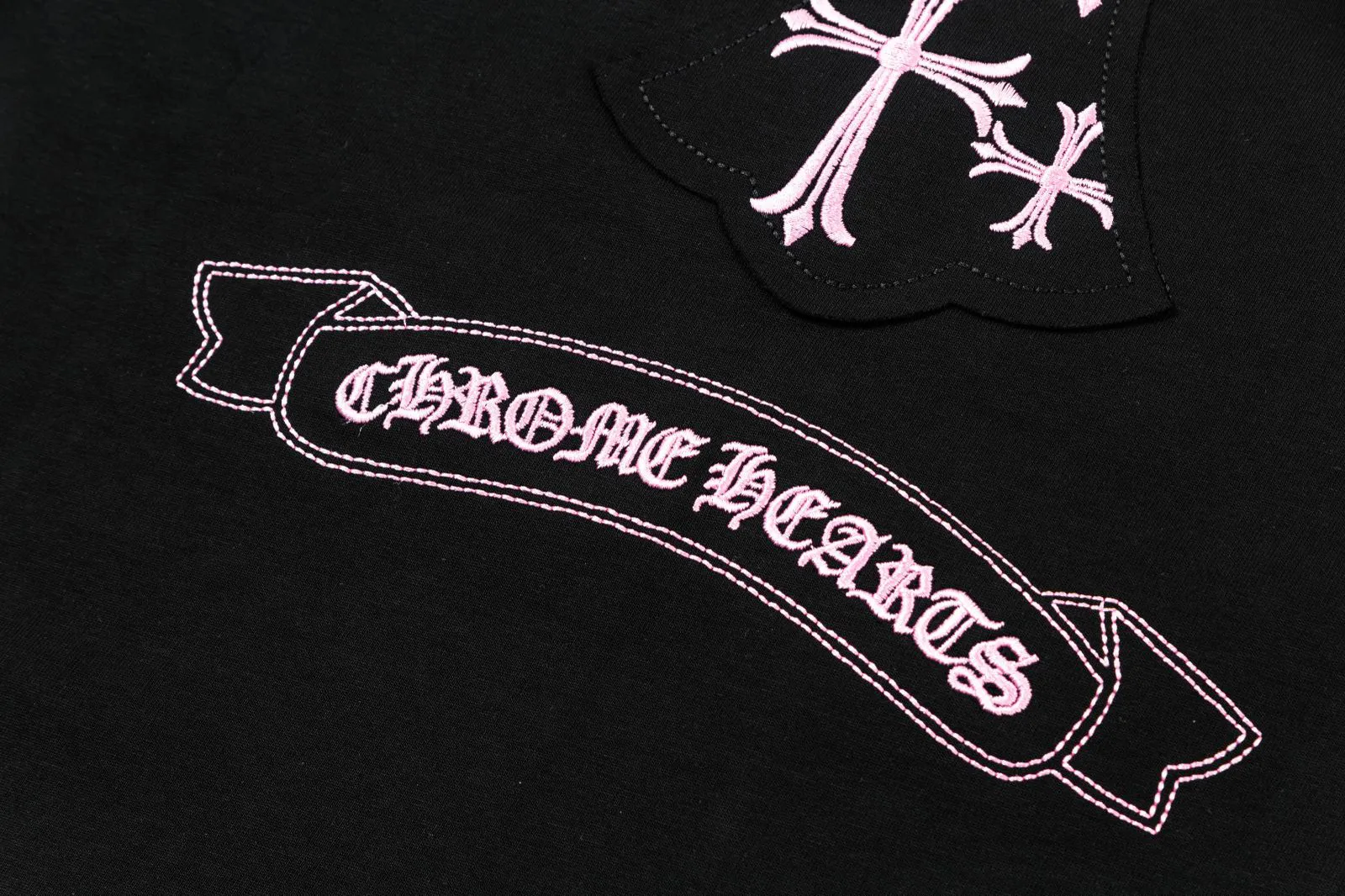 🅿️200 [CH Crow Heart] 2025FW short-sleeved T-shirt, patch embroidery, high-end 26s double yarn 300g fabric, heavy fabric, custom stretcher rib, same cylinder and dye, complete three standards, same style for men and women, color: black, white, size: S M L XL 2XL